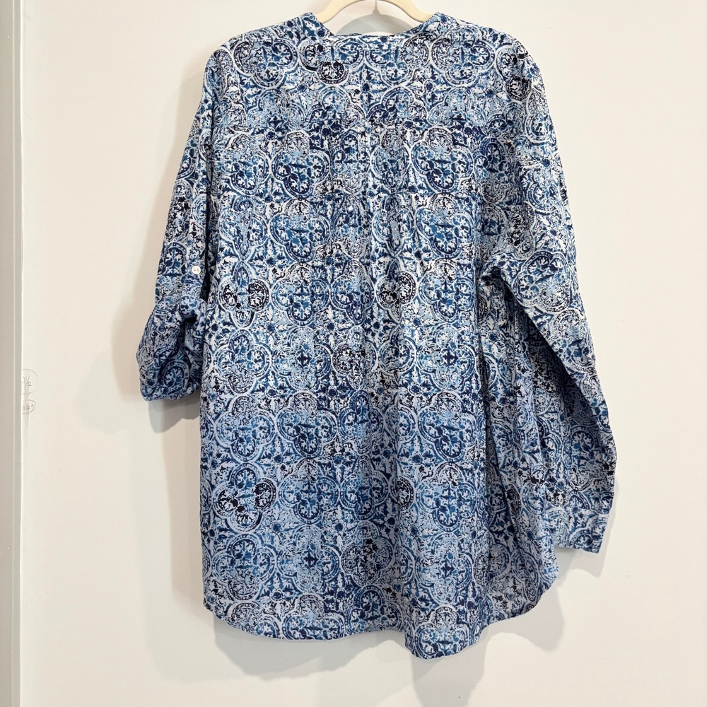 Womens Beachy Button Front Top 2X Medallion Cotton Mediterranean Coastal 20629 - Picture 2 of 9